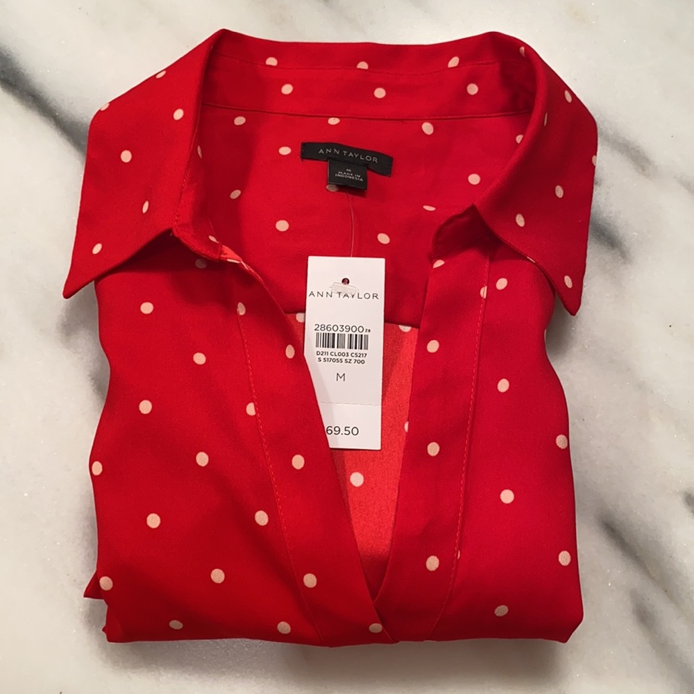 Ann Taylor Red Polkadot Button Down V Neck Blouse